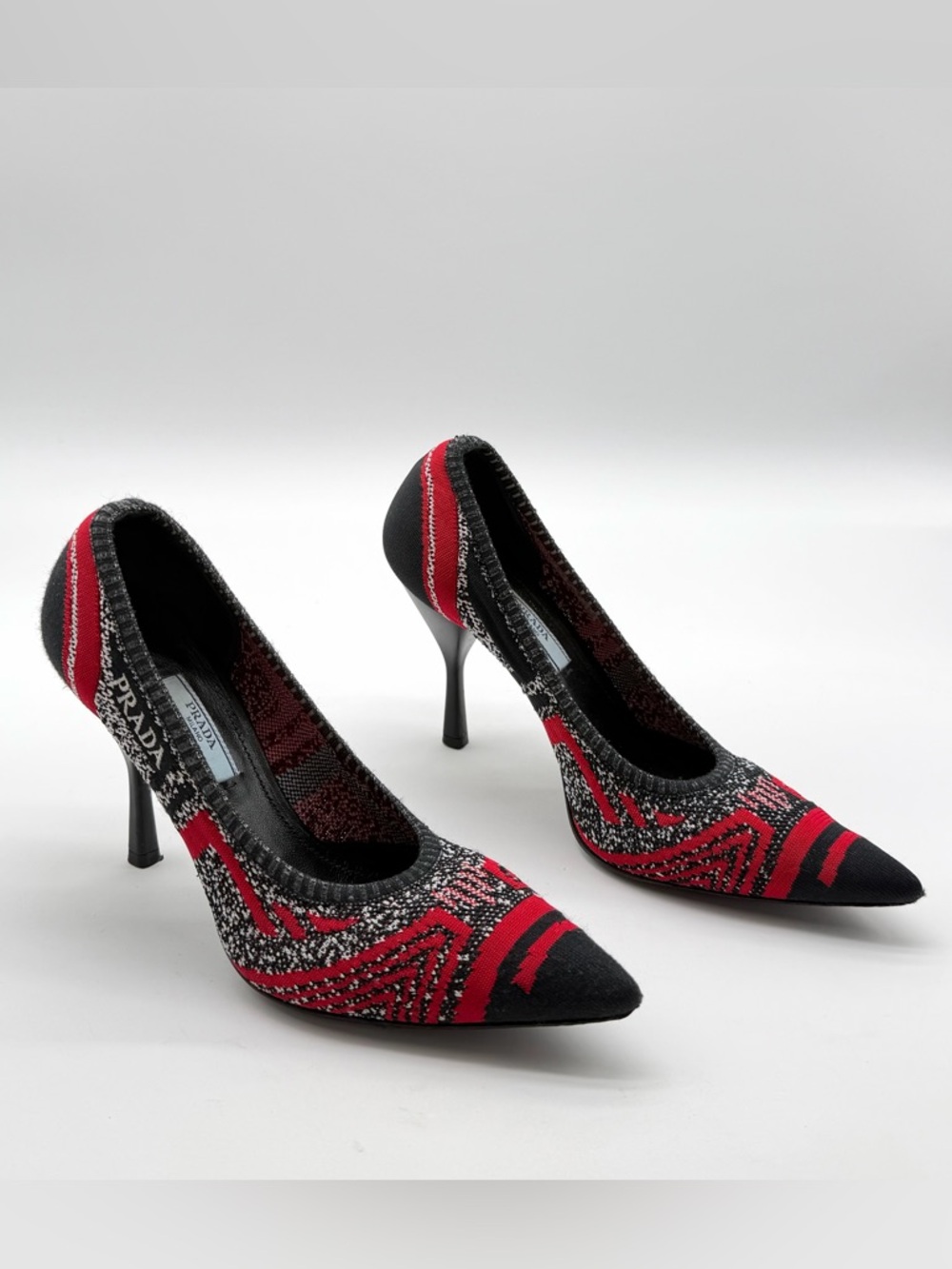 Prada Logo Knit Red & Black Fabric Pointed Toe Heels Pumps EU 38 US 8